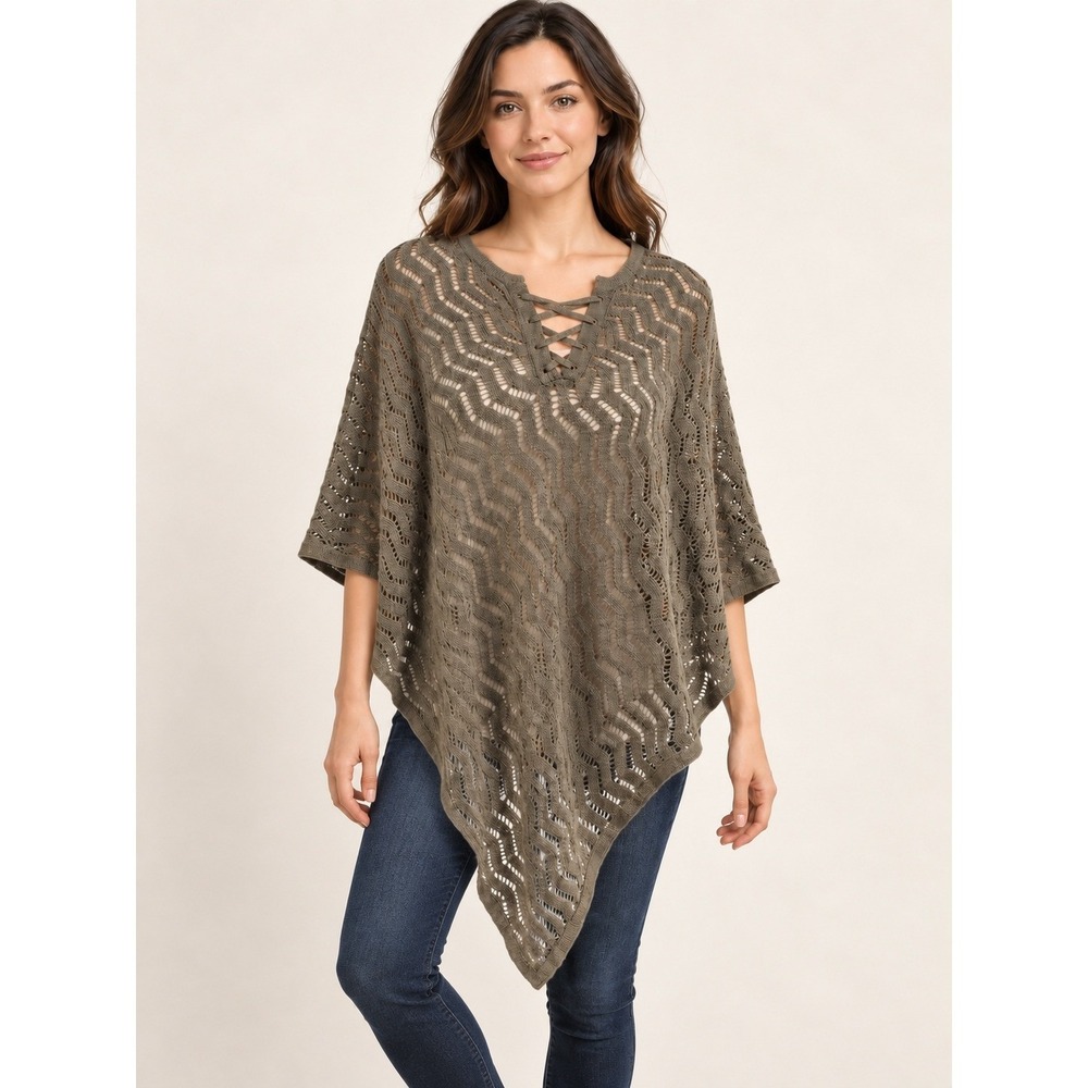 Le Chateau Olive Open Knit Lace Up Poncho Sweater One Size Linen Blend Bohemian